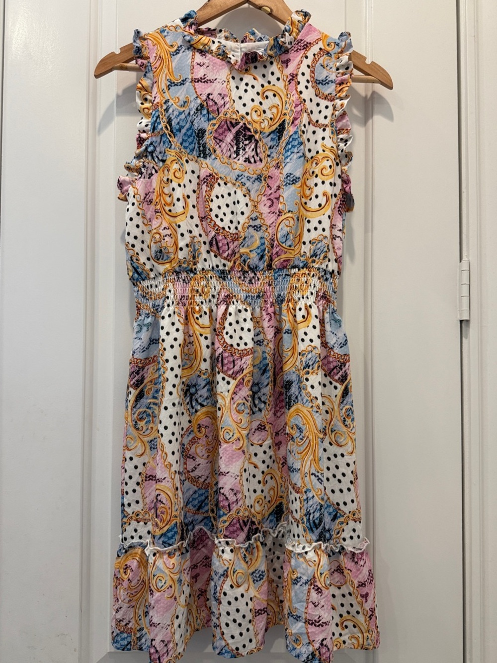 THML Sleeveless Ruffle Dress - Pink Blue Gold White
